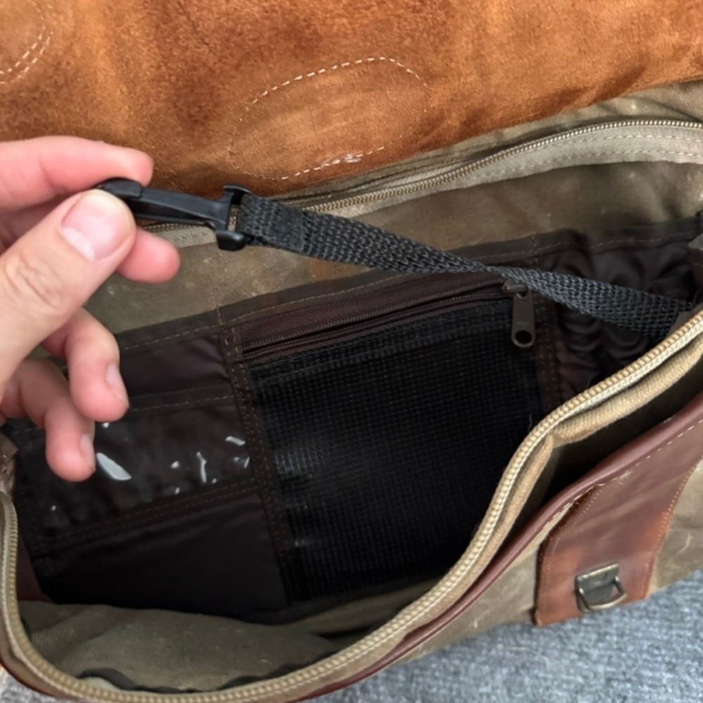 LL Bean Vintage Waxed Canvas Leather Briefcase Laptop Bag Olive Brown Satchel - Picture 10 of 16